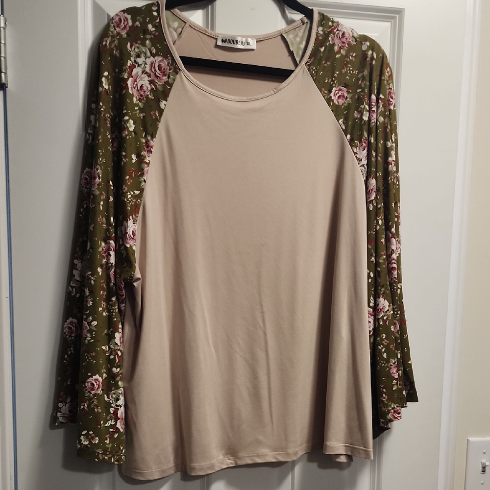 Maurices Beige Blouse with Floral Green Sleeves